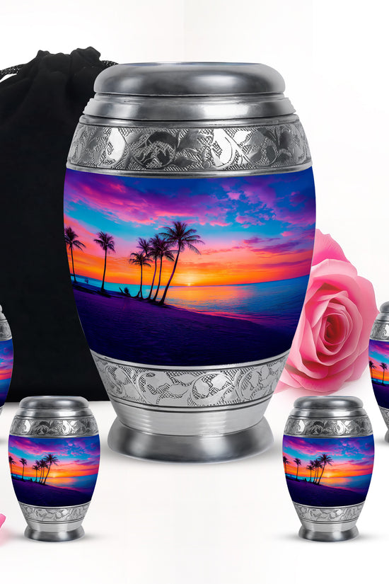 Azure Beach Cremation Urn detail view - ornate monarch-style beach relief on brushed aluminum - memorial set with one large and four small urns