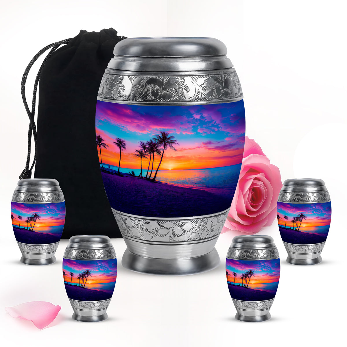 Azure Beach Cremation Urn detail view - ornate monarch-style beach relief on brushed aluminum - memorial set with one large and four small urns