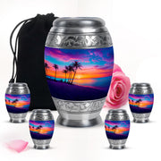 Azure Beach Cremation Urn detail view - ornate monarch-style beach relief on brushed aluminum - memorial set with one large and four small urns