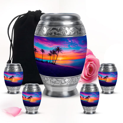 Azure Beach Cremation Urn detail view - ornate monarch-style beach relief on brushed aluminum - memorial set with one large and four small urns
