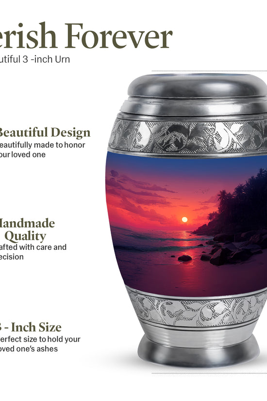 Vintage Pink Beach Cremation Urn lifestyle display on memorial shelf - majestic beach pattern with filigree border - mini keepsake memorial for portion of cremation ashes