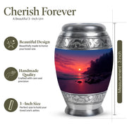 Vintage Pink Beach Cremation Urn lifestyle display on memorial shelf - majestic beach pattern with filigree border - mini keepsake memorial for portion of cremation ashes