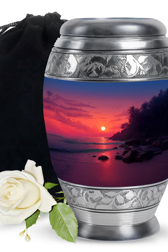 Dusty Pink Beach Cremation Urn back view with polished surface - royal beach engraving with decorative scrollwork - full-size 10 inch 200 cubic inch adult cremation urn