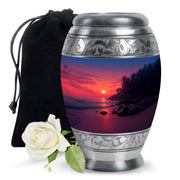 Dusty Pink Beach Cremation Urn back view with polished surface - royal beach engraving with decorative scrollwork - full-size 10 inch 200 cubic inch adult cremation urn