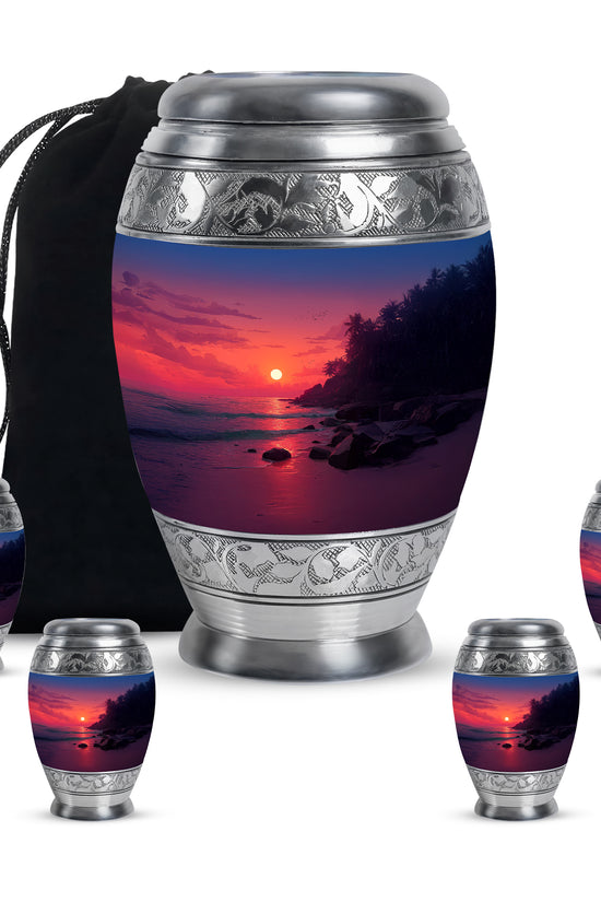 Blush Pink Beach Cremation Urn detail view - ornate monarch-style beach relief on brushed aluminum - memorial set with one large and four small urns