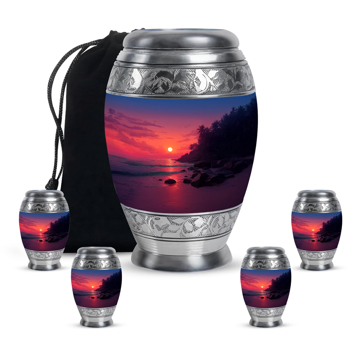 Blush Pink Beach Cremation Urn detail view - ornate monarch-style beach relief on brushed aluminum - memorial set with one large and four small urns