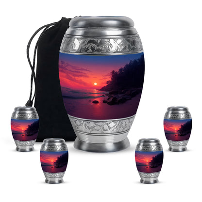 Blush Pink Beach Cremation Urn detail view - ornate monarch-style beach relief on brushed aluminum - memorial set with one large and four small urns