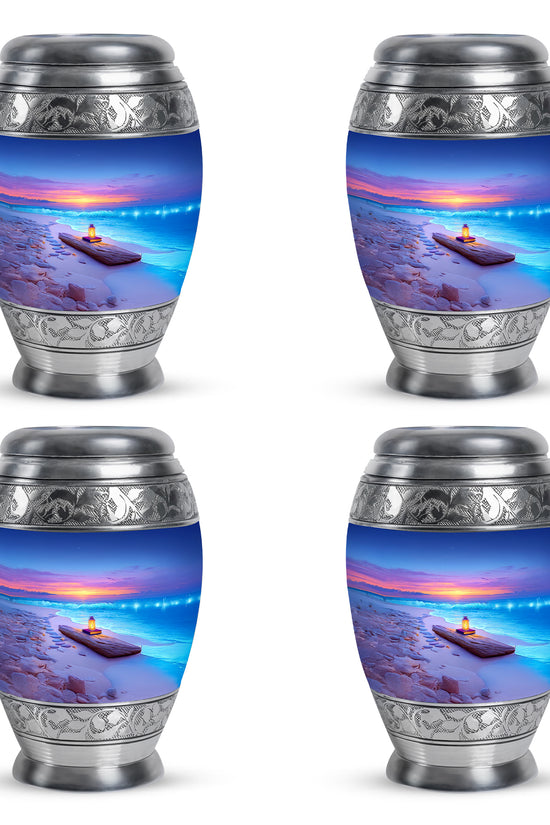 Celestial Blue Beach Cremation Urn urn with complimentary velvet bag - regal beach design with crown-inspired accents - 10 inch aluminum urn for cremated remains