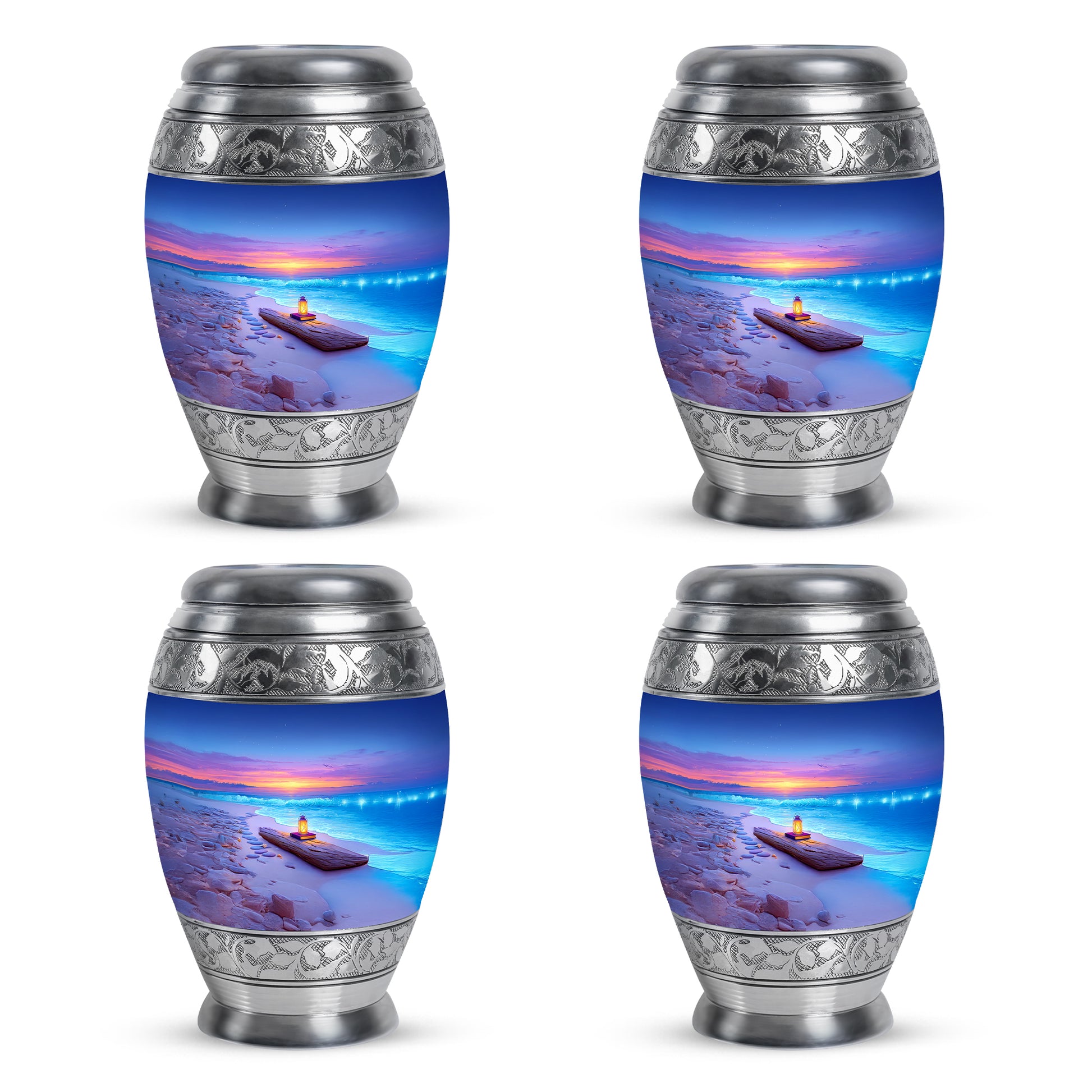Celestial Blue Beach Cremation Urn urn with complimentary velvet bag - regal beach design with crown-inspired accents - 10 inch aluminum urn for cremated remains