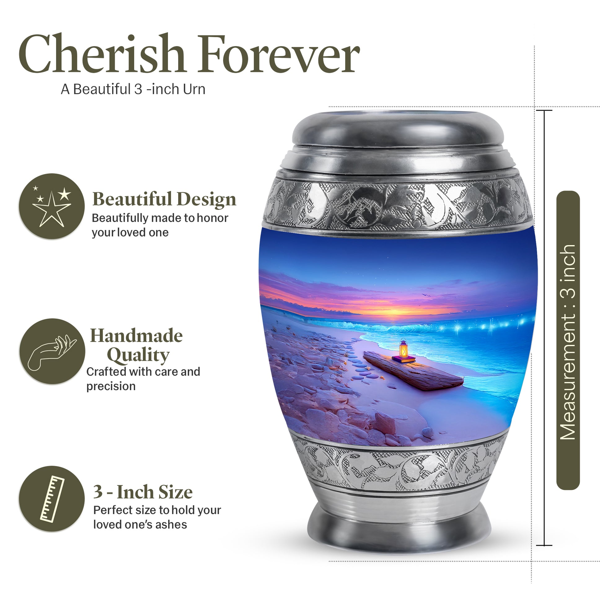 Celestial Blue Beach Cremation Urn lifestyle display on memorial shelf - ornate monarch-style beach relief on brushed aluminum - mini keepsake memorial for portion of cremation ashes