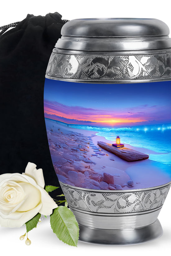 Bright Blue Beach Cremation Urn back view with polished surface - royal beach engraving with decorative scrollwork - full-size 10 inch 200 cubic inch adult cremation urn