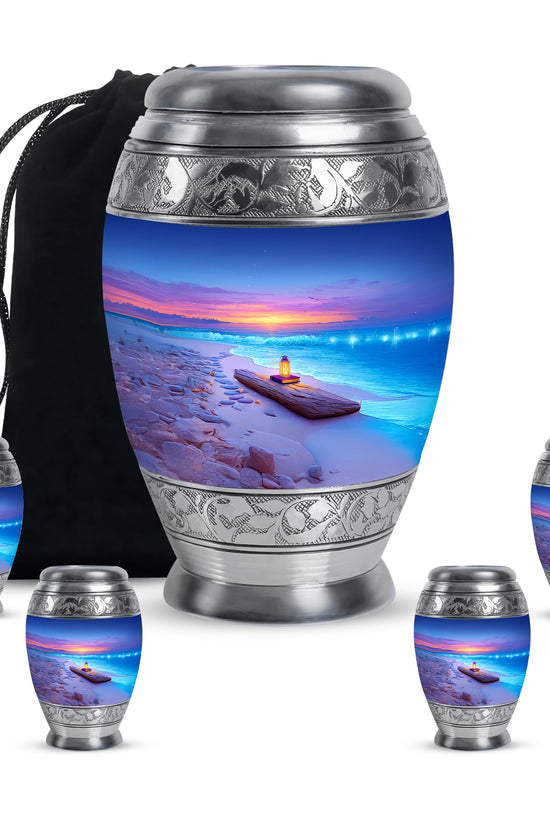 Azure Beach Cremation Urn detail view - regal beach design with crown-inspired accents - memorial set with one large and four small urns