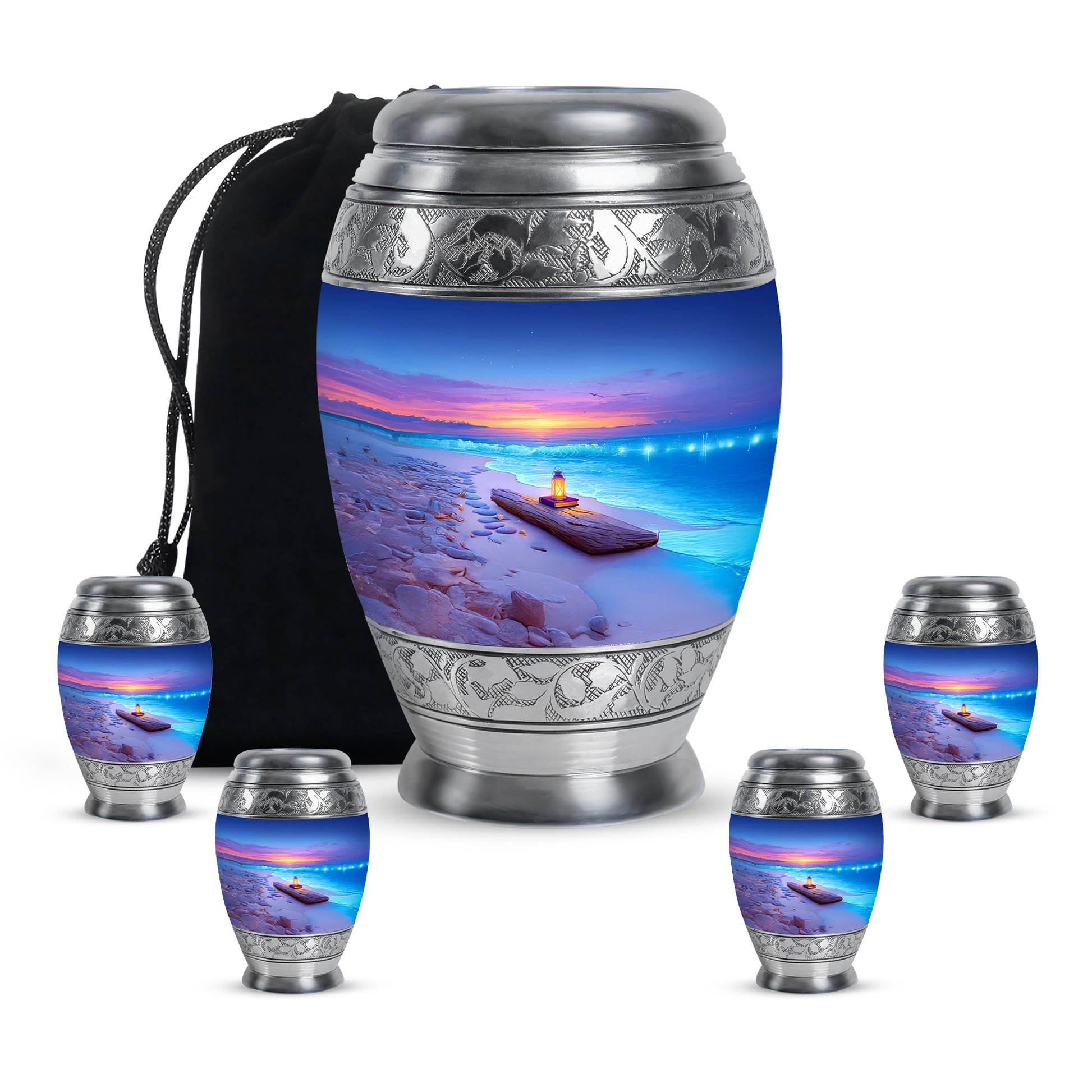 Azure Beach Cremation Urn detail view - regal beach design with crown-inspired accents - memorial set with one large and four small urns