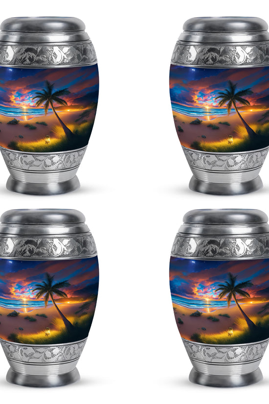 Navy Blue Beach Cremation Urn urn with complimentary velvet bag - regal beach design with crown-inspired accents - 10 inch aluminum urn for cremated remains