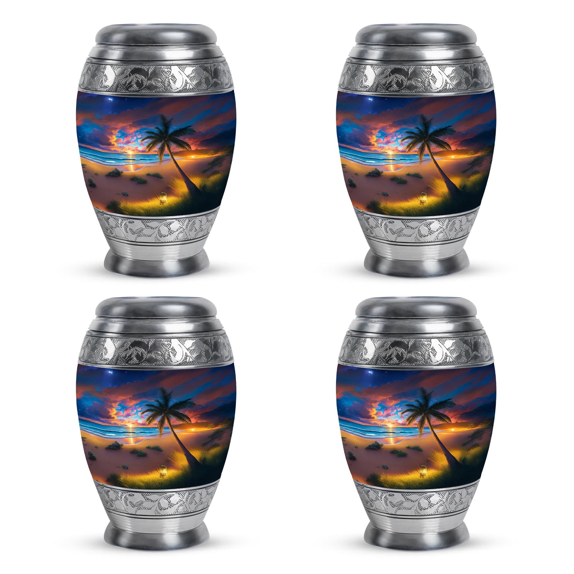Navy Blue Beach Cremation Urn urn with complimentary velvet bag - regal beach design with crown-inspired accents - 10 inch aluminum urn for cremated remains