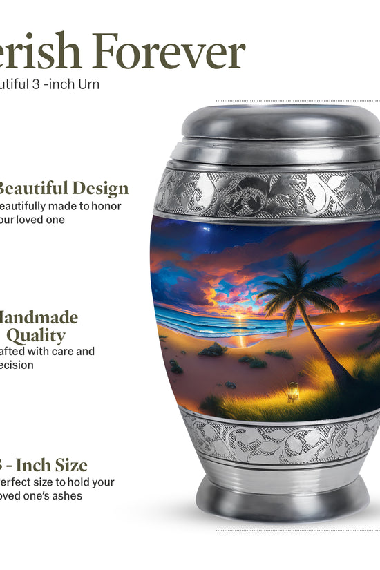 Powder Blue Beach Cremation Urn lifestyle display on memorial shelf - ornate monarch-style beach relief on brushed aluminum - mini keepsake memorial for portion of cremation ashes