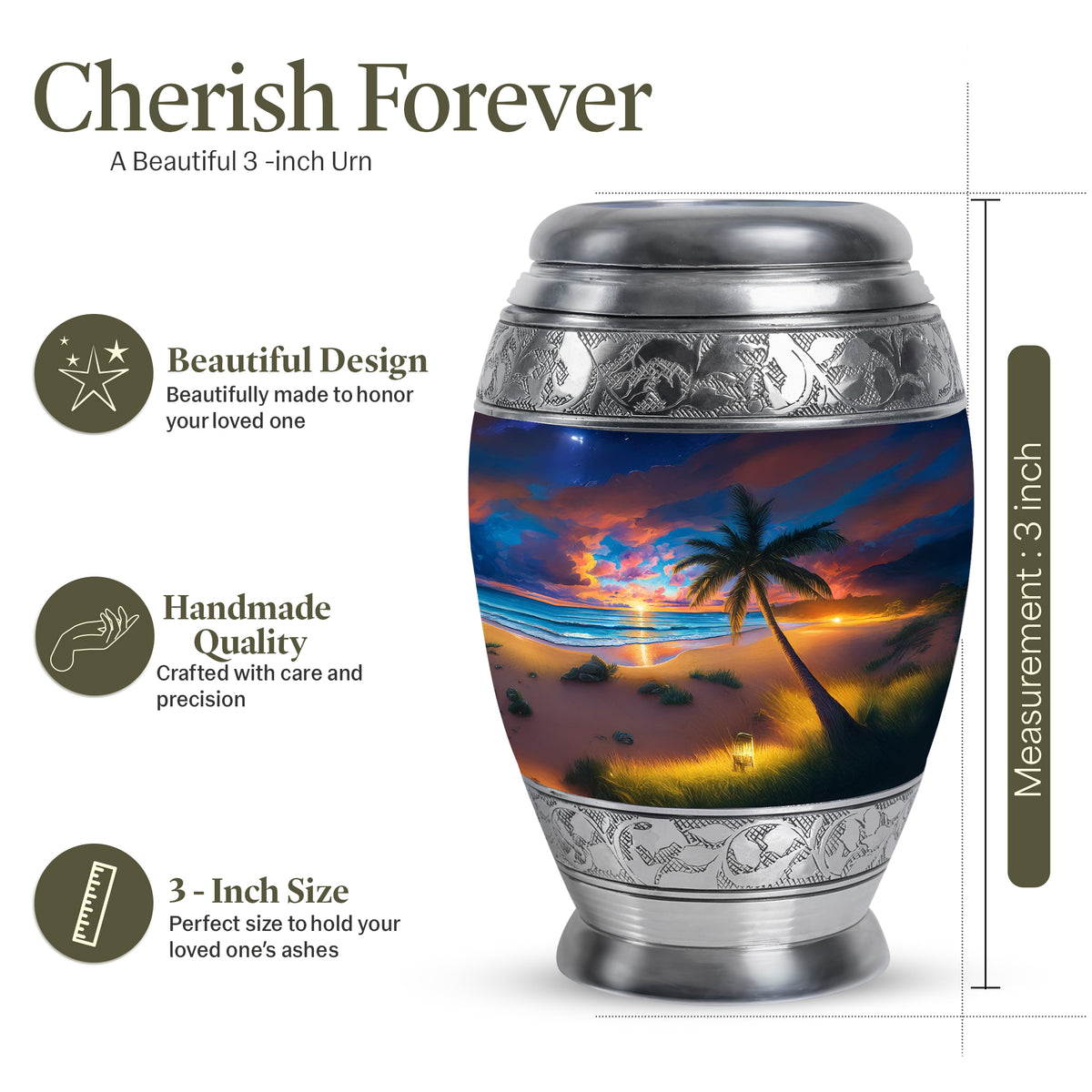 Powder Blue Beach Cremation Urn lifestyle display on memorial shelf - ornate monarch-style beach relief on brushed aluminum - mini keepsake memorial for portion of cremation ashes