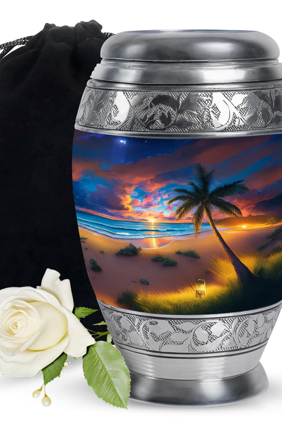Slate Blue Beach Cremation Urn back view with polished surface - ornate monarch-style beach relief on brushed aluminum - full-size 10 inch 200 cubic inch adult cremation urn