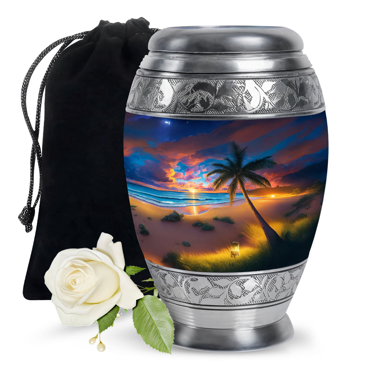 Slate Blue Beach Cremation Urn back view with polished surface - ornate monarch-style beach relief on brushed aluminum - full-size 10 inch 200 cubic inch adult cremation urn