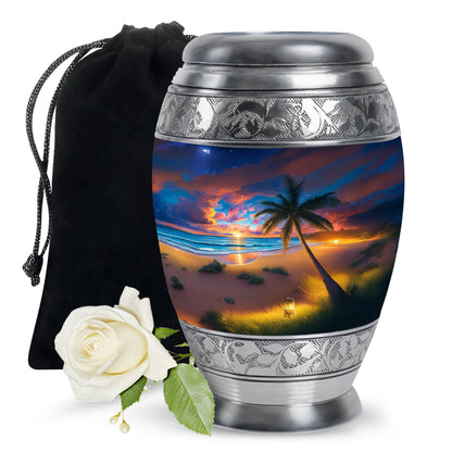 Slate Blue Beach Cremation Urn back view with polished surface - ornate monarch-style beach relief on brushed aluminum - full-size 10 inch 200 cubic inch adult cremation urn