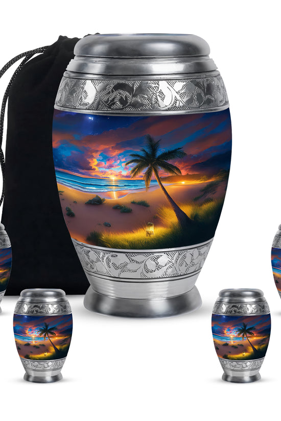 Cobalt Blue Beach Cremation Urn detail view - royal beach engraving with decorative scrollwork - memorial set with one large and four small urns