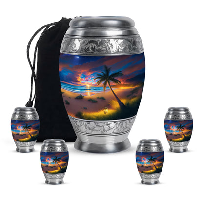 Cobalt Blue Beach Cremation Urn detail view - royal beach engraving with decorative scrollwork - memorial set with one large and four small urns