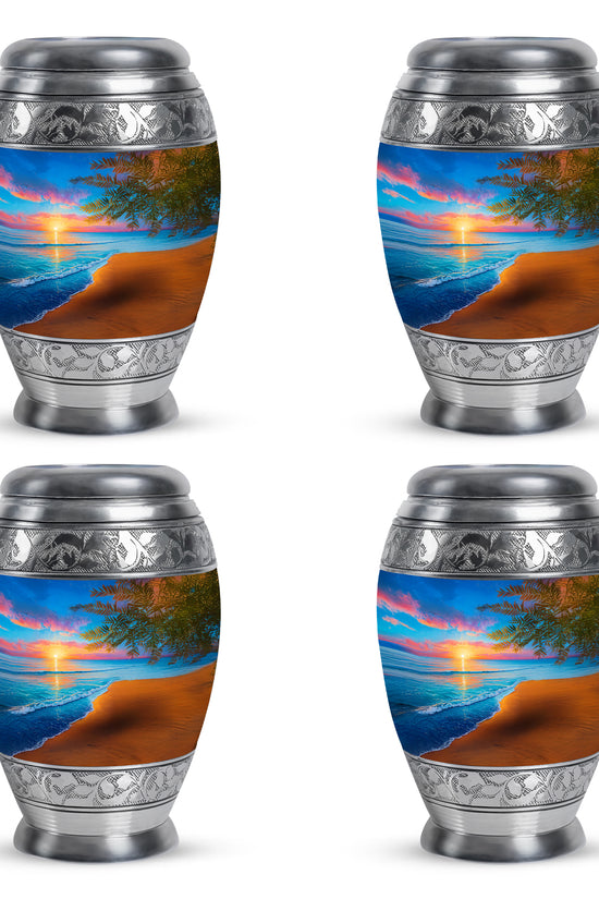 Celestial Blue Beach Cremation Urn urn with complimentary velvet bag - ornate monarch-style beach relief on brushed aluminum - 10 inch aluminum urn for cremated remains