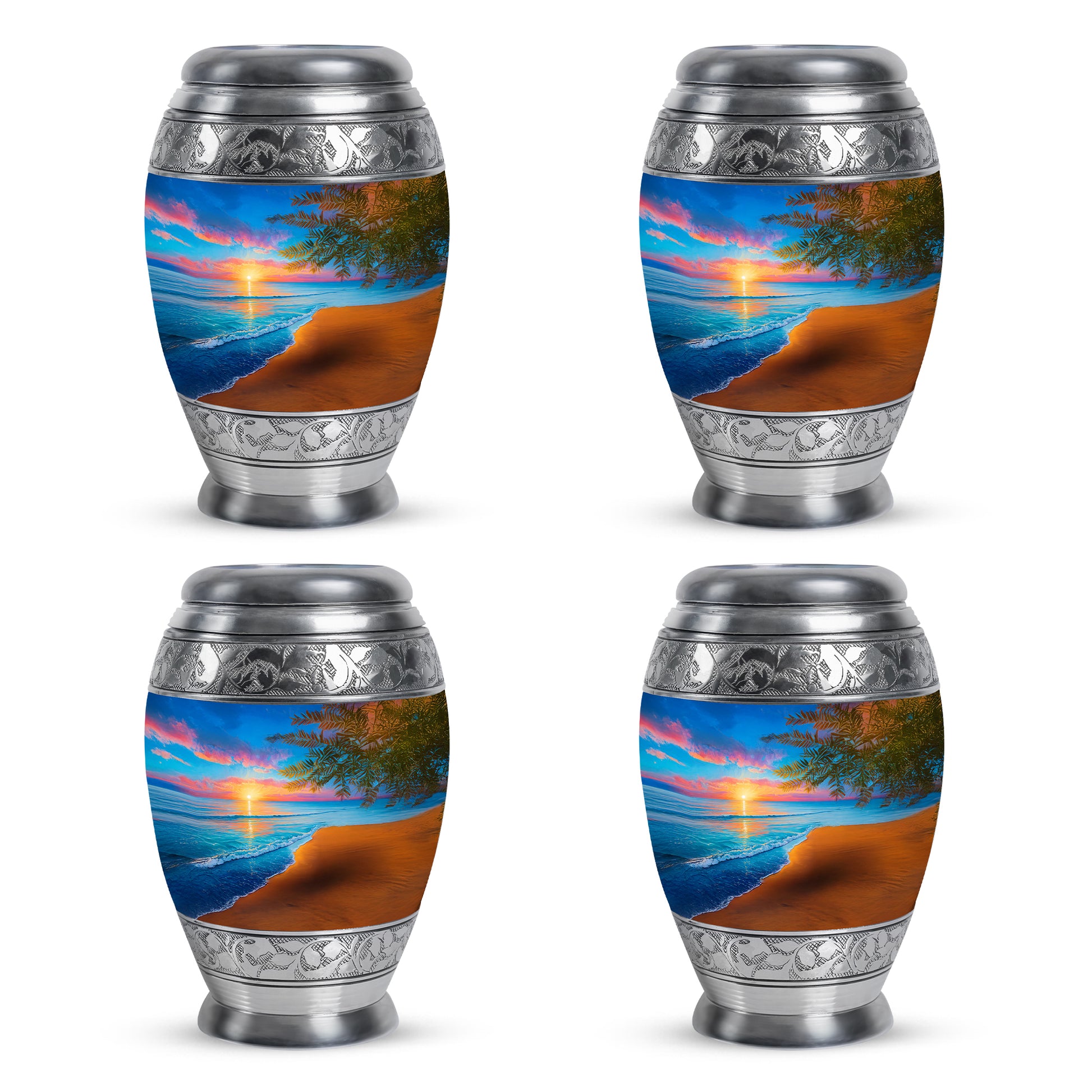 Celestial Blue Beach Cremation Urn urn with complimentary velvet bag - ornate monarch-style beach relief on brushed aluminum - 10 inch aluminum urn for cremated remains