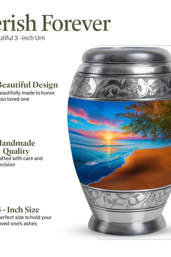 Steel Blue Beach Cremation Urn lifestyle display on memorial shelf - royal beach engraving with decorative scrollwork - mini keepsake memorial for portion of cremation ashes