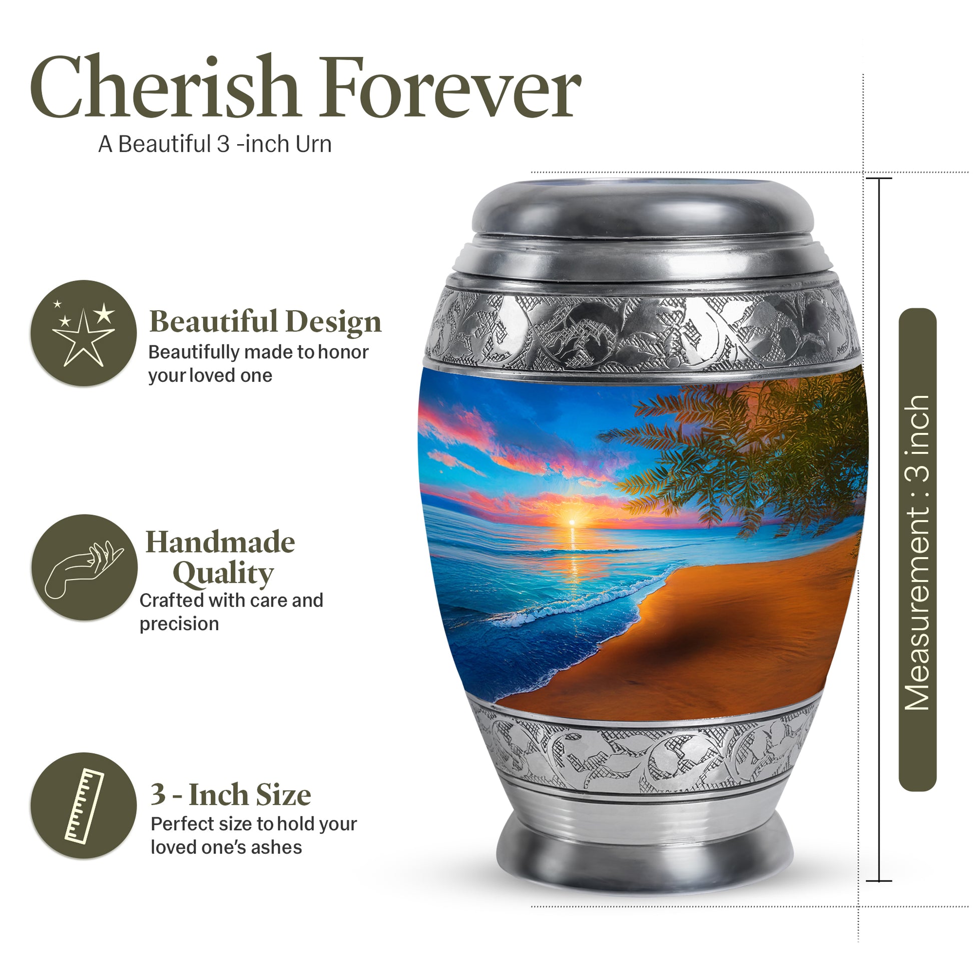Steel Blue Beach Cremation Urn lifestyle display on memorial shelf - royal beach engraving with decorative scrollwork - mini keepsake memorial for portion of cremation ashes