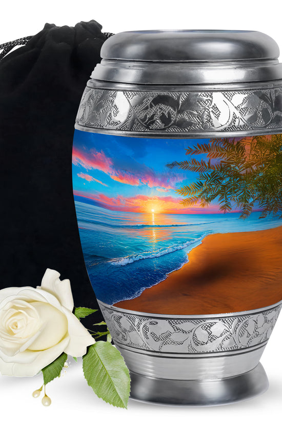 Misty Blue Beach Cremation Urn back view with polished surface - ornate monarch-style beach relief on brushed aluminum - full-size 10 inch 200 cubic inch adult cremation urn