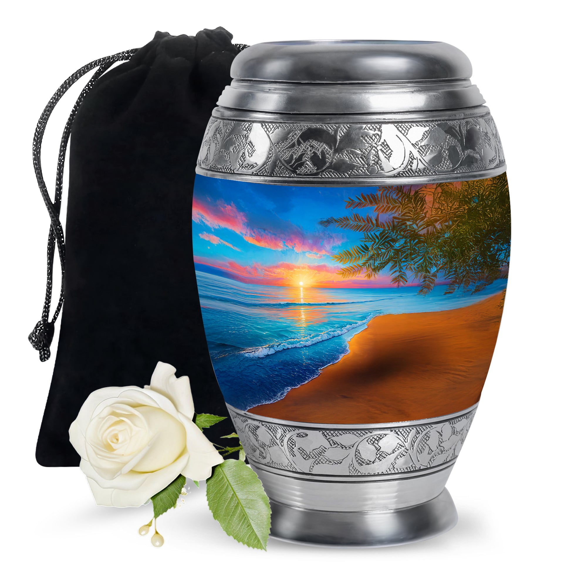 Misty Blue Beach Cremation Urn back view with polished surface - ornate monarch-style beach relief on brushed aluminum - full-size 10 inch 200 cubic inch adult cremation urn