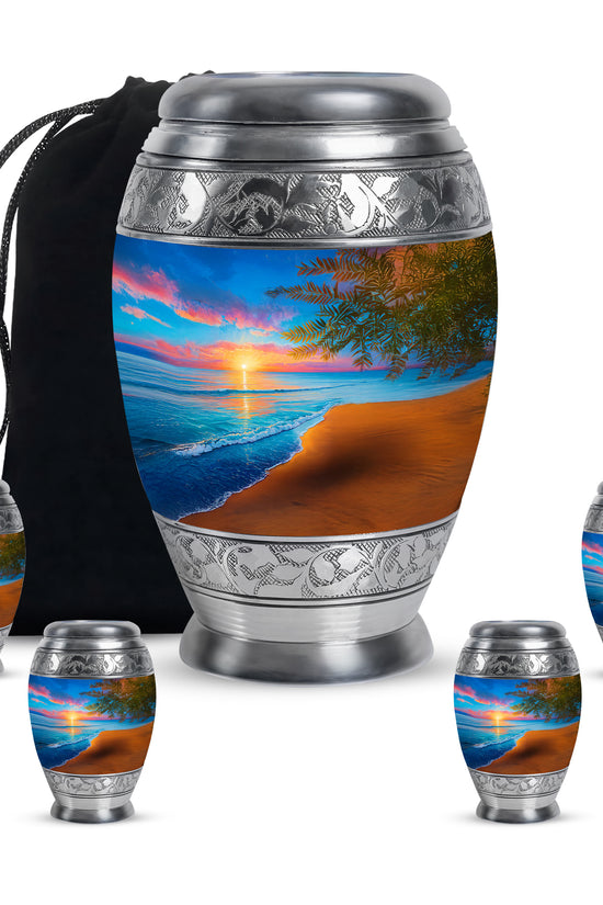 Powder Blue Beach Cremation Urn detail view - ornate monarch-style beach relief on brushed aluminum - memorial set with one large and four small urns