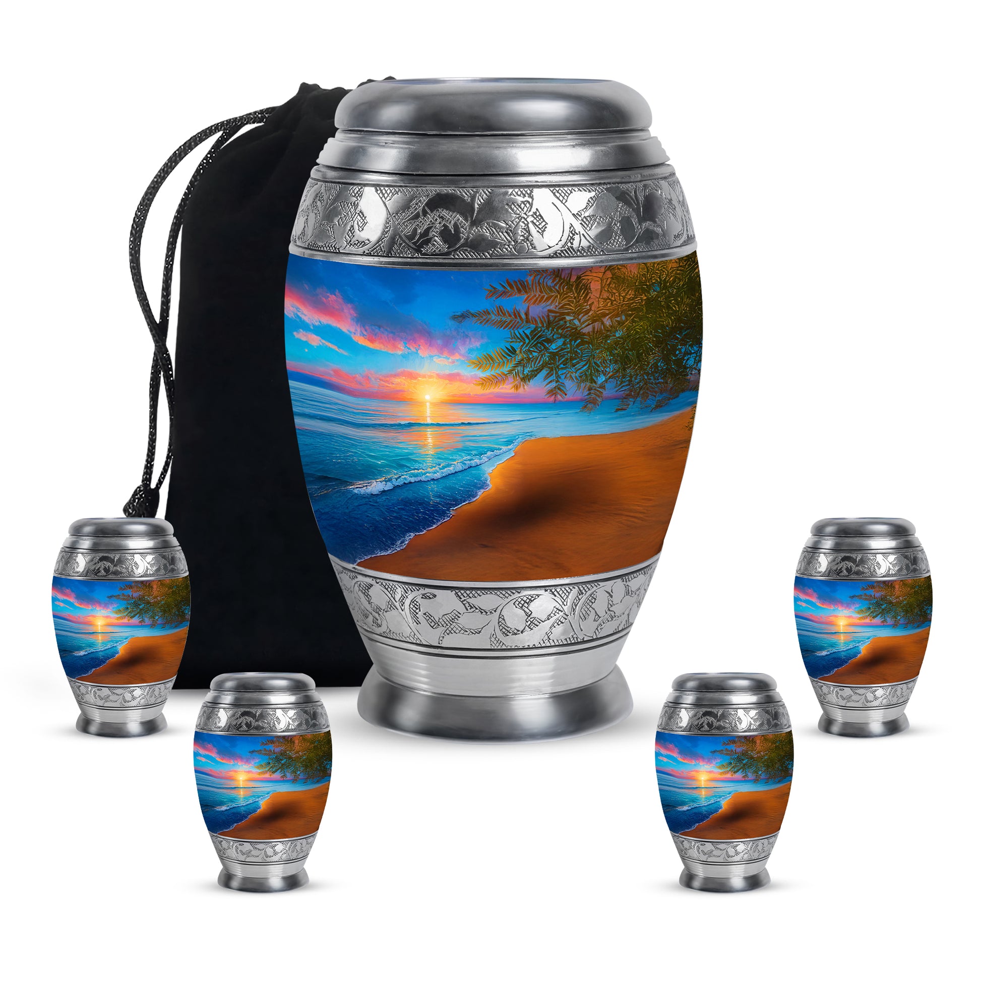 Powder Blue Beach Cremation Urn detail view - ornate monarch-style beach relief on brushed aluminum - memorial set with one large and four small urns