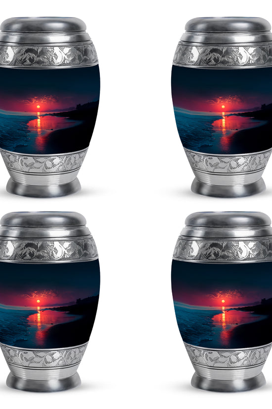 Powder Blue Beach Cremation Urn urn with complimentary velvet bag - ornate monarch-style beach relief on brushed aluminum - 10 inch aluminum urn for cremated remains