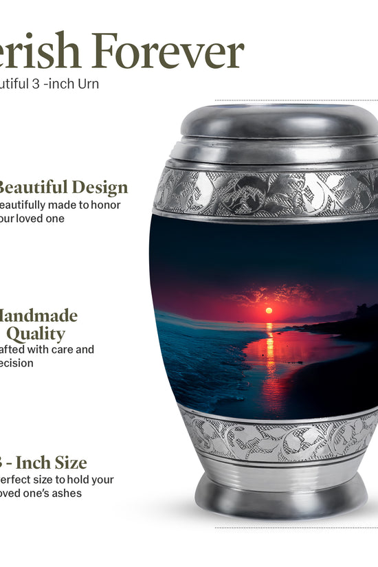 Vivid Blue Beach Cremation Urn lifestyle display on memorial shelf - majestic beach pattern with filigree border - mini keepsake memorial for portion of cremation ashes