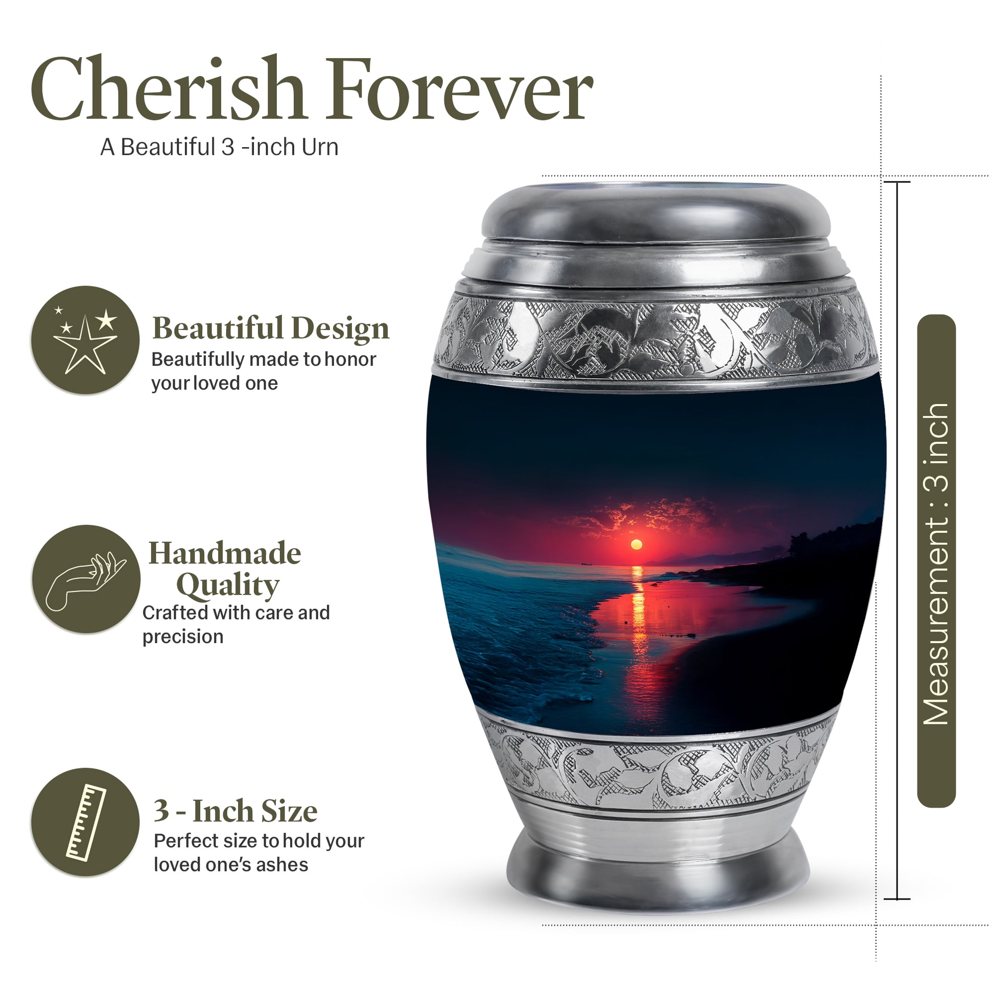 Vivid Blue Beach Cremation Urn lifestyle display on memorial shelf - majestic beach pattern with filigree border - mini keepsake memorial for portion of cremation ashes