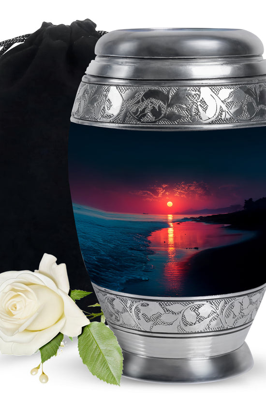 Steel Blue Beach Cremation Urn back view with polished surface - royal beach engraving with decorative scrollwork - full-size 10 inch 200 cubic inch adult cremation urn