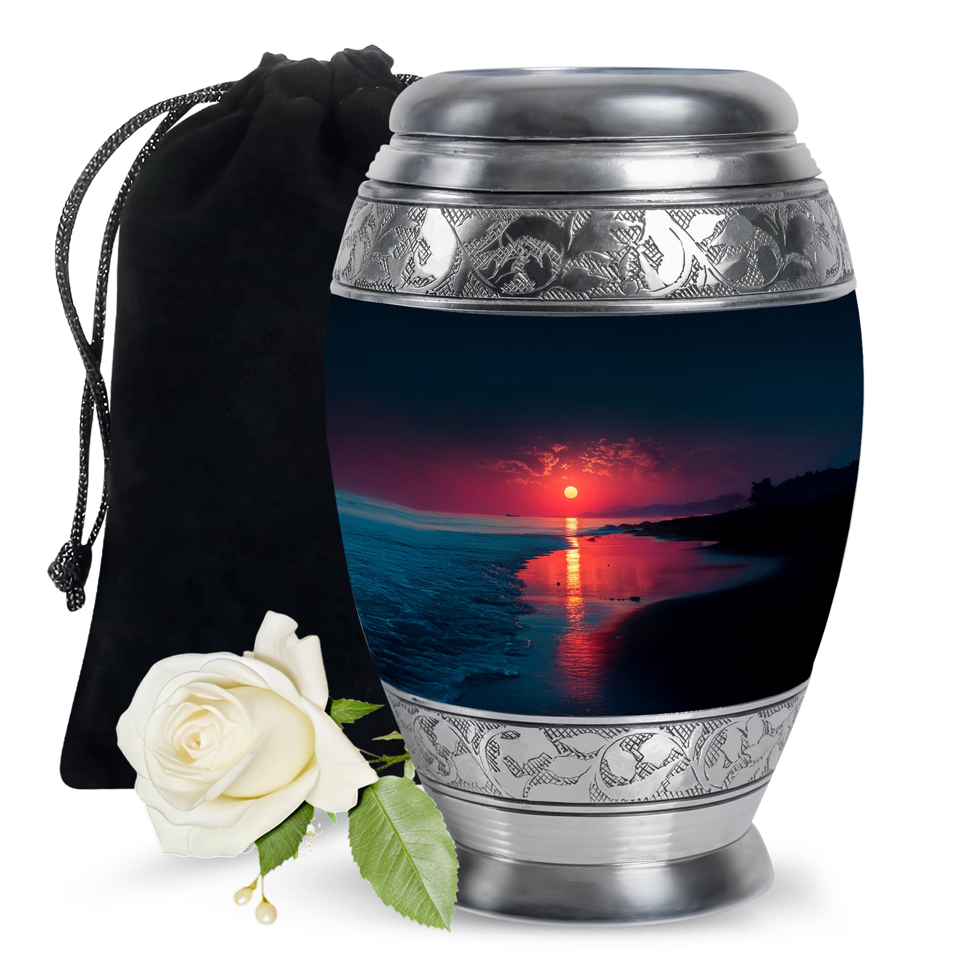 Steel Blue Beach Cremation Urn back view with polished surface - royal beach engraving with decorative scrollwork - full-size 10 inch 200 cubic inch adult cremation urn