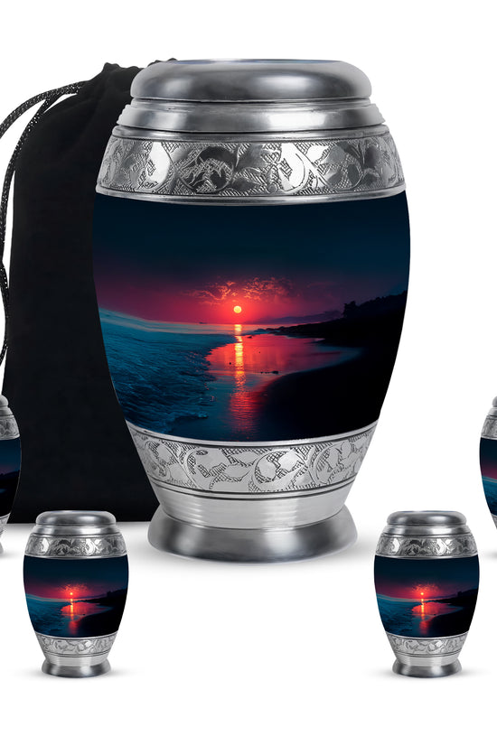Royal Blue Beach Cremation Urn detail view - majestic beach pattern with filigree border - memorial set with one large and four small urns