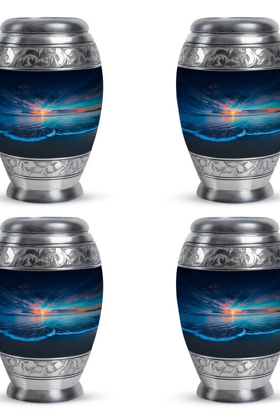 Icy Blue Beach Cremation Urn urn with complimentary velvet bag - ornate monarch-style beach relief on brushed aluminum - 10 inch aluminum urn for cremated remains