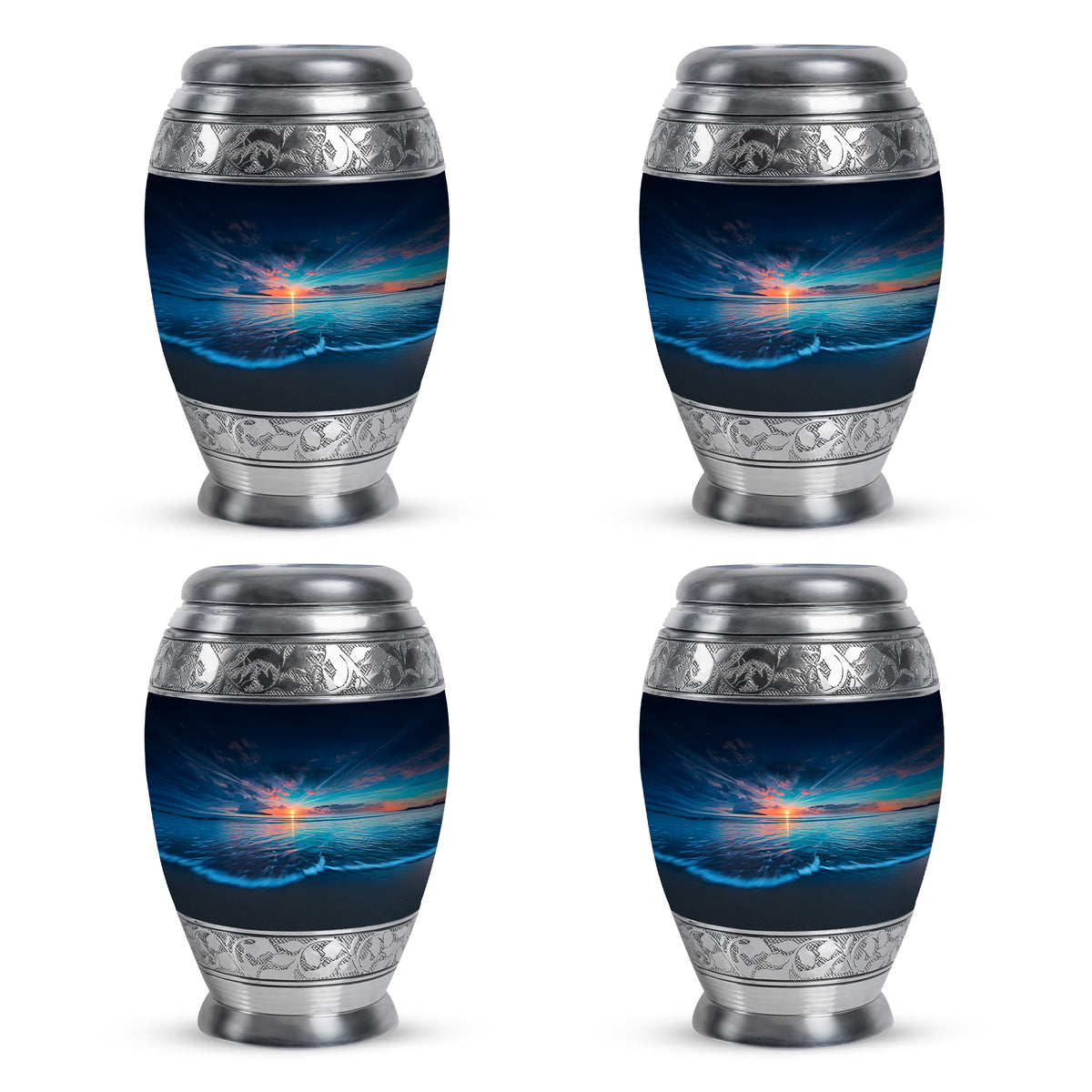 Icy Blue Beach Cremation Urn urn with complimentary velvet bag - ornate monarch-style beach relief on brushed aluminum - 10 inch aluminum urn for cremated remains