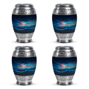 Icy Blue Beach Cremation Urn urn with complimentary velvet bag - ornate monarch-style beach relief on brushed aluminum - 10 inch aluminum urn for cremated remains