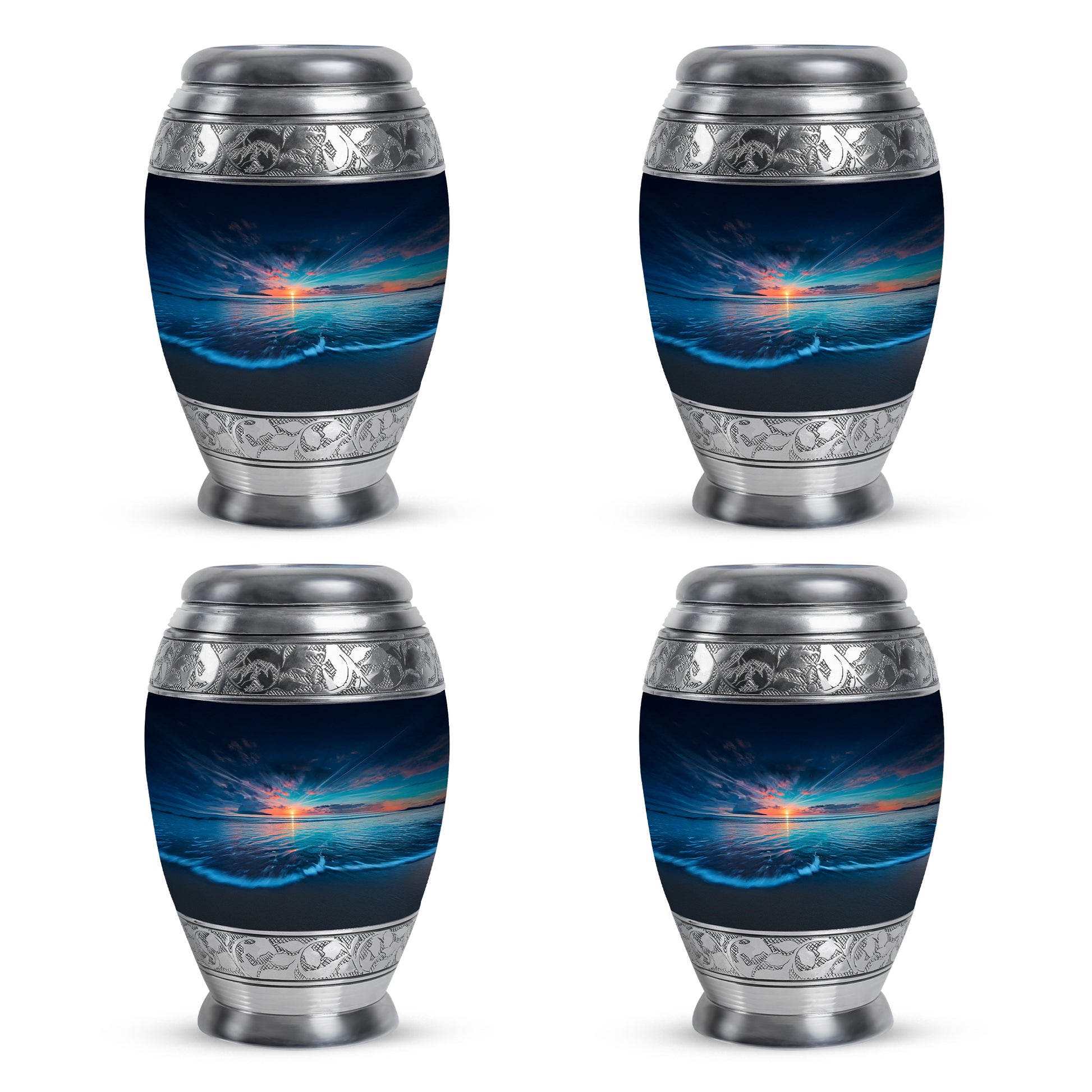 Icy Blue Beach Cremation Urn urn with complimentary velvet bag - ornate monarch-style beach relief on brushed aluminum - 10 inch aluminum urn for cremated remains