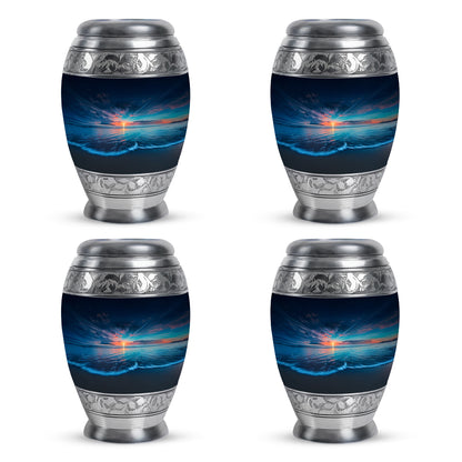 Icy Blue Beach Cremation Urn urn with complimentary velvet bag - ornate monarch-style beach relief on brushed aluminum - 10 inch aluminum urn for cremated remains