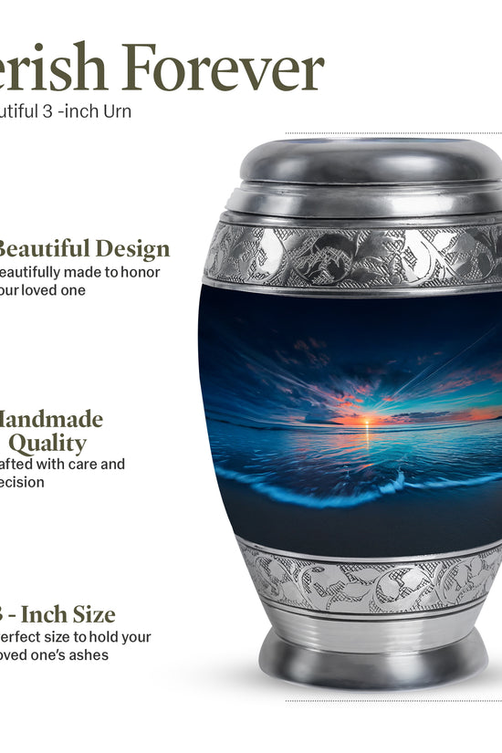 Cobalt Blue Beach Cremation Urn lifestyle display on memorial shelf - majestic beach pattern with filigree border - mini keepsake memorial for portion of cremation ashes