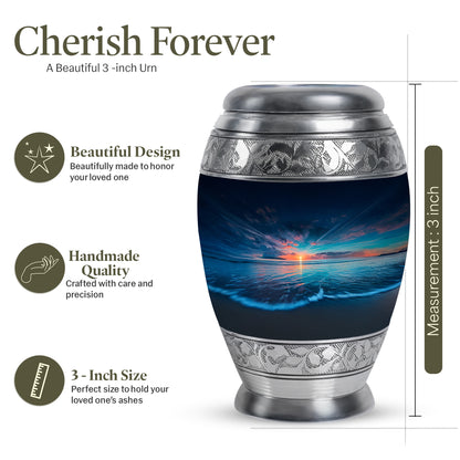 Cobalt Blue Beach Cremation Urn lifestyle display on memorial shelf - majestic beach pattern with filigree border - mini keepsake memorial for portion of cremation ashes