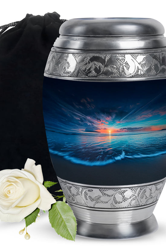 Powder Blue Beach Cremation Urn back view with polished surface - ornate monarch-style beach relief on brushed aluminum - full-size 10 inch 200 cubic inch adult cremation urn