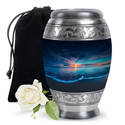 Powder Blue Beach Cremation Urn back view with polished surface - ornate monarch-style beach relief on brushed aluminum - full-size 10 inch 200 cubic inch adult cremation urn