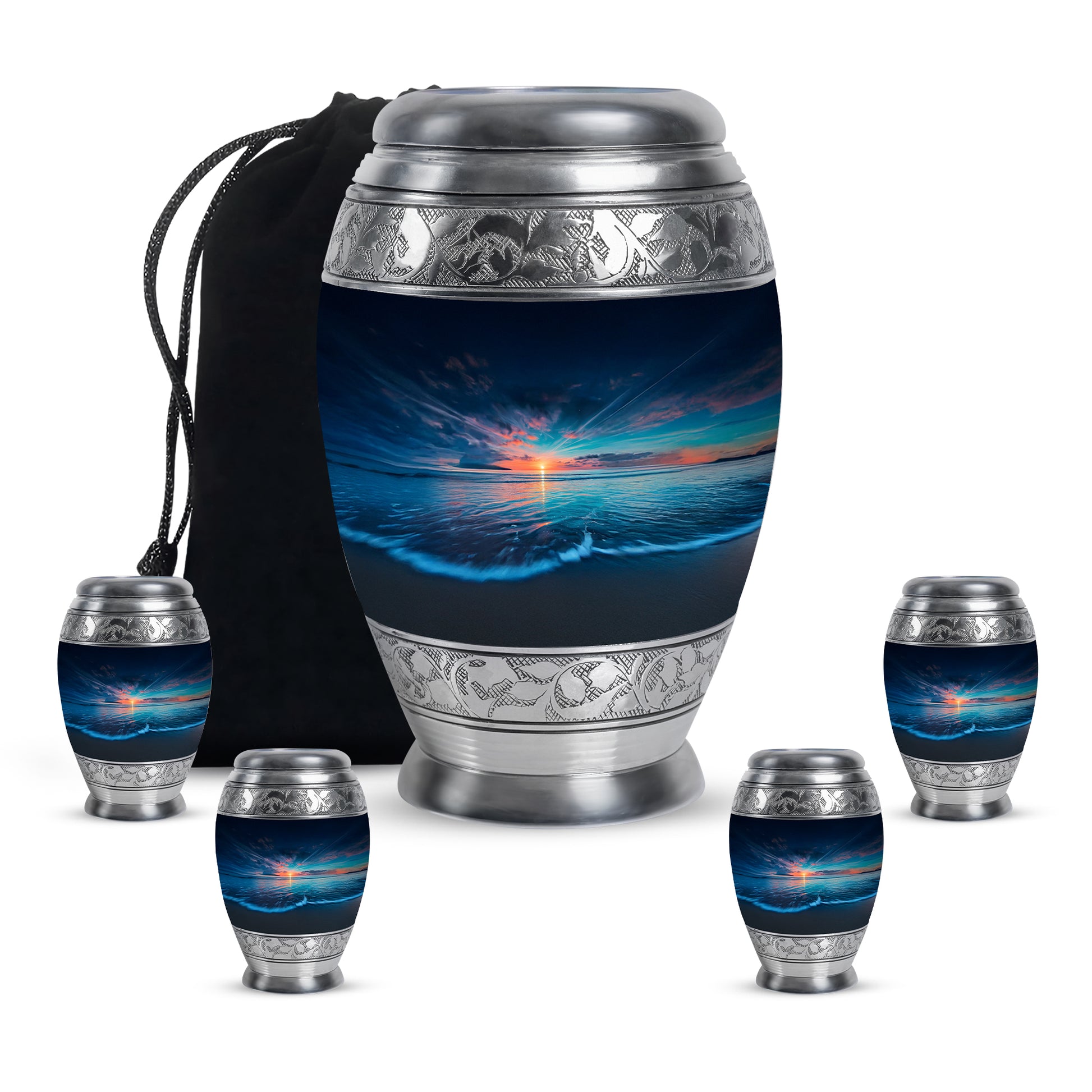 Pastel Blue Beach Cremation Urn detail view - ornate monarch-style beach relief on brushed aluminum - memorial set with one large and four small urns